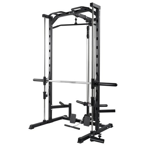 RitFit Smith Machine Power Rack with LAT-Pull Down System, Landmine, Barbell Bar, Plate Storage Pegs and More Training Attachment (Smith Machine 1.0), Black