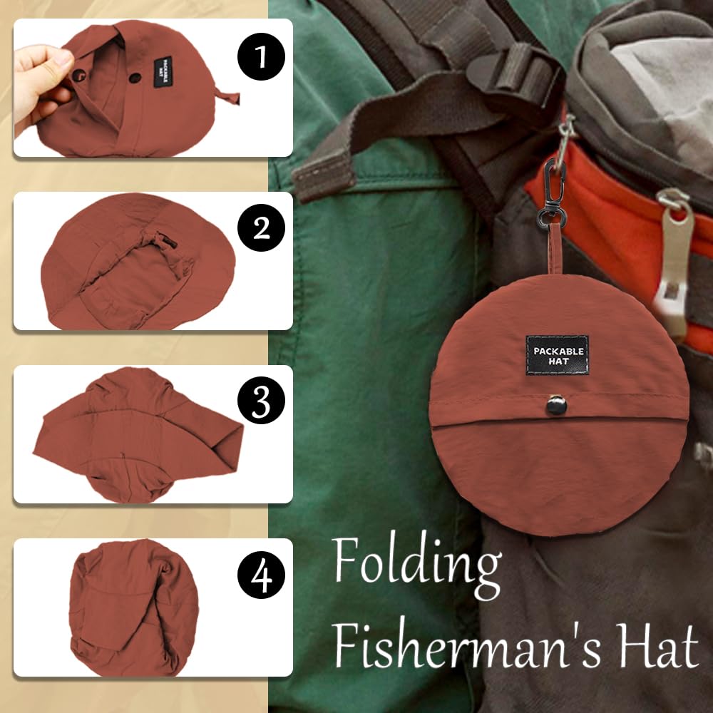 Foldable Bucket Hat for Men Women - Quick Dry Wide Brim Sun Hat with UPF 50+ UV Protection, Packable Breathable Cap for Travel, Hiking, Fishing & Beach（Brick red）