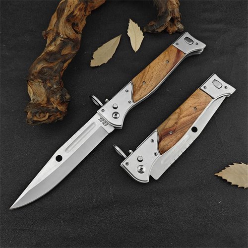 Goshawk 13" Large AK47 CCCP Button Lock Pocket Knife with Slide Safety Lock，Portable Tactical Folding Knives，440C Steel Blade and Wooden Handle，Gifts for Men，EDC Tool for Camping，Hunting