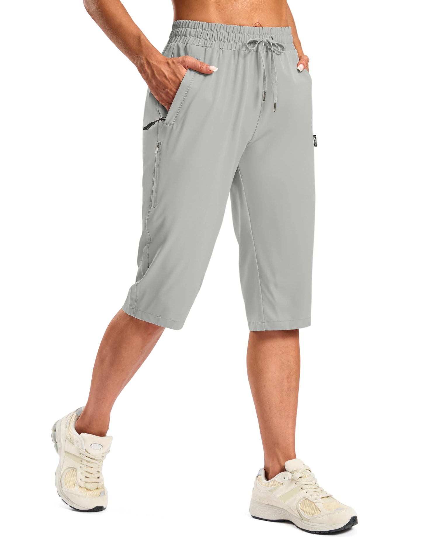SANTINY Women's 13''/ 15"/ 17'' Long Hiking Shorts with Zipper Pockets Lightweight Quick Dry Below The Knee Capris for Women (Bright Gray_XL)