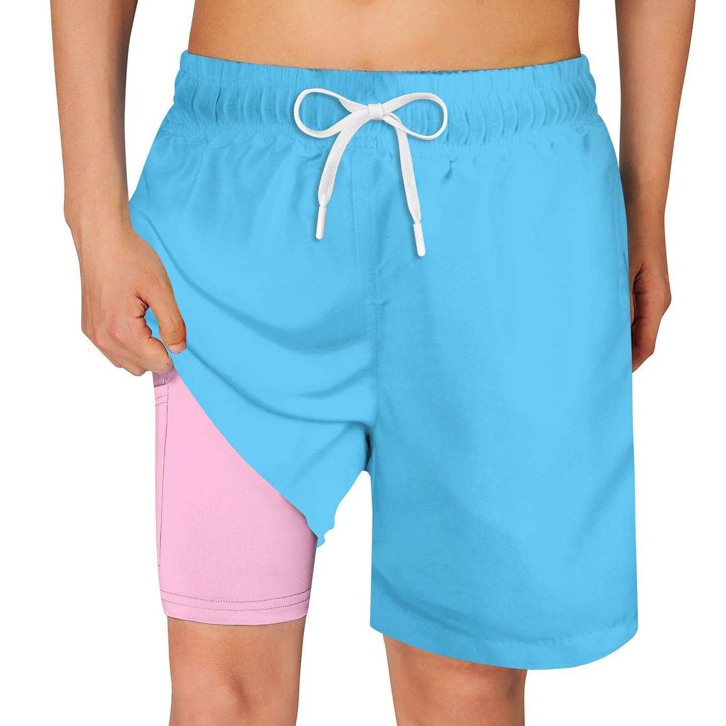 Cozople Youth Boys Swim Trunks Size 8 Baby Blue Bathing Suit with Compression Liner Anti-Chafe Swim Shorts Quick Dry Swimwear