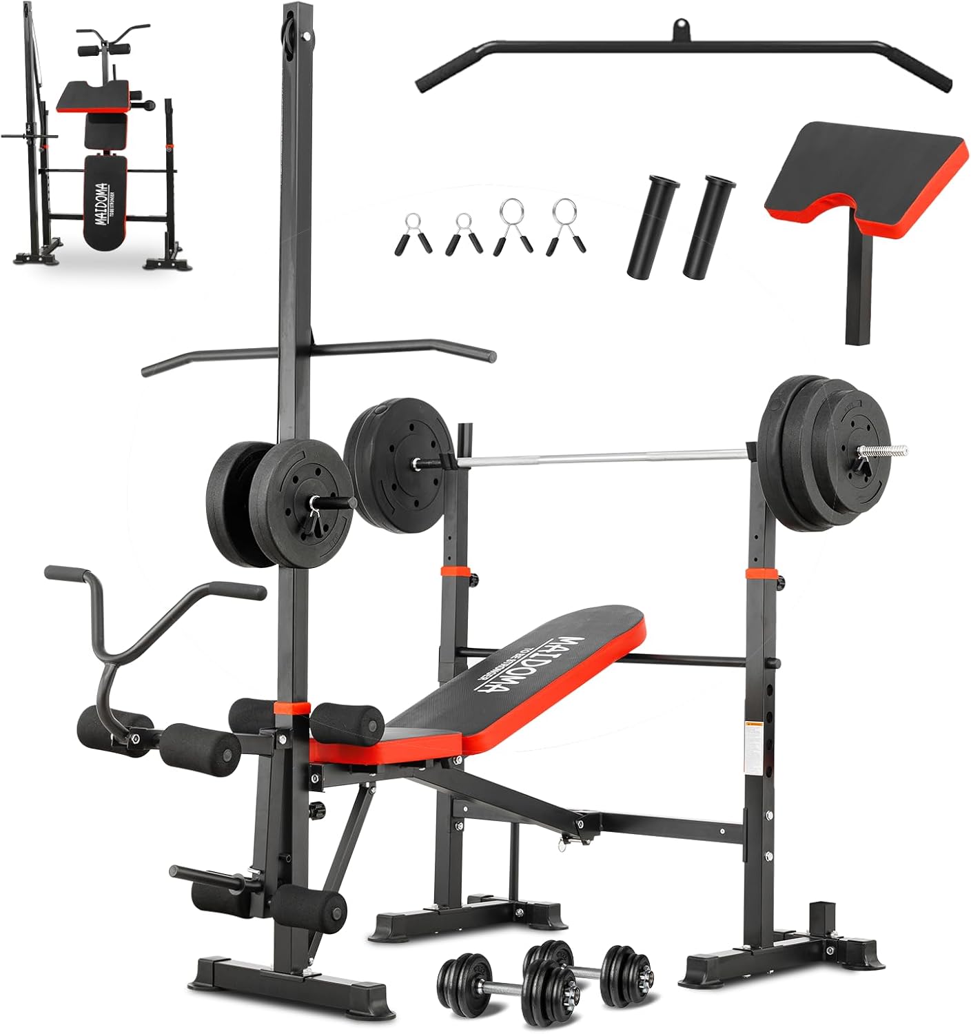 1500LB 8 IN 1 Olympic Weight Bench with Lat Pulldown and Leg Extension/Curl, Foldable Bench Press with Preacher Curl & Barbell Rack, Workout Benches for Home Gym(US Stock)