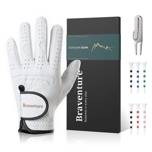 Braventure Junior Youth Kids Golf Glove for Left Hand – Sheepskin Leather Breathable Training Glove with Golf Tees, Divot Tool & Gift Box (Size L)