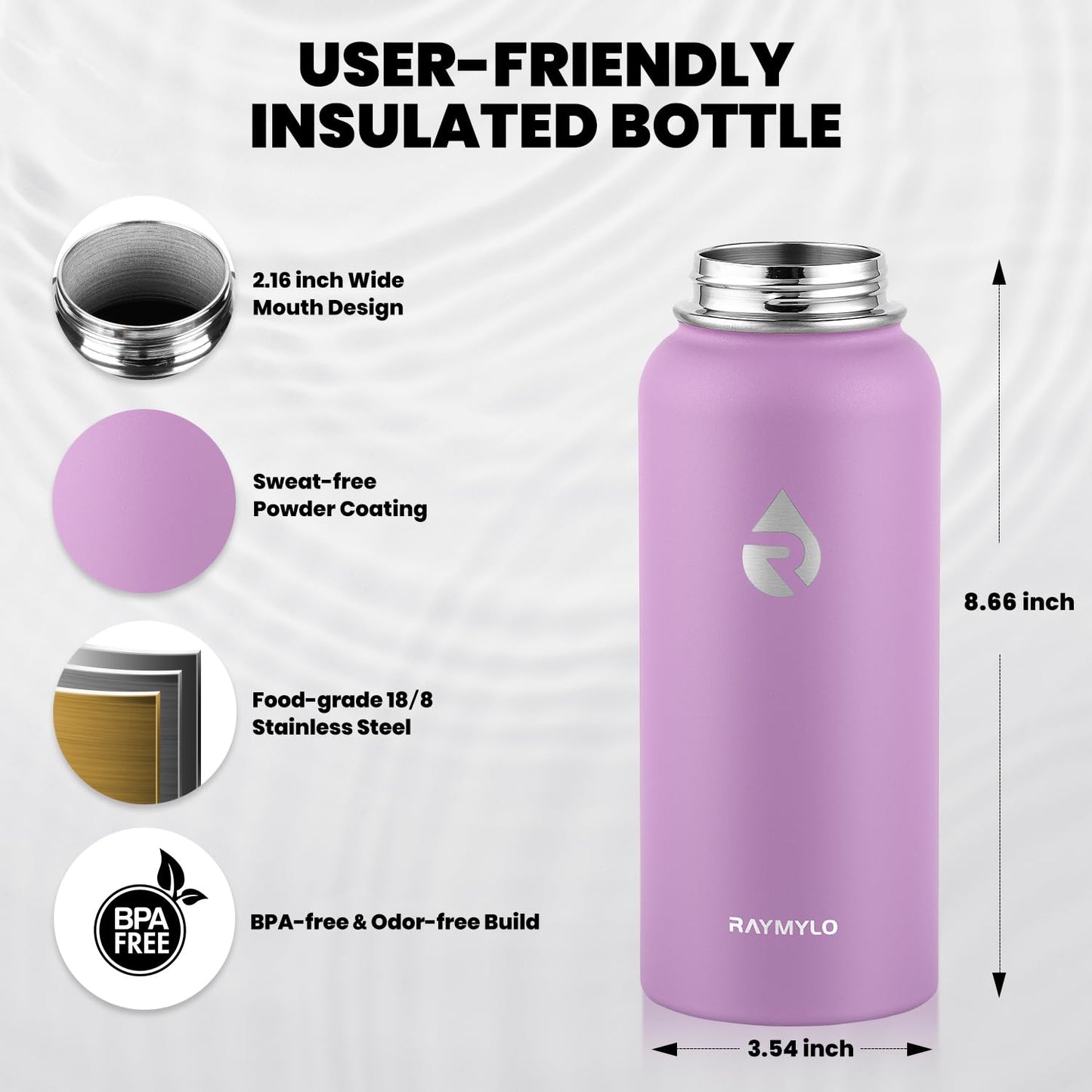 RAYMYLO Insulated Water Bottle 32 oz, Triple Wall Vacuum Stainless Steel (Cold for 24Hrs, Hot for 12Hrs), Leak Proof & Non-BPA, Modern Water Flask Jug with Paracord Handle & Straw Spout Lids