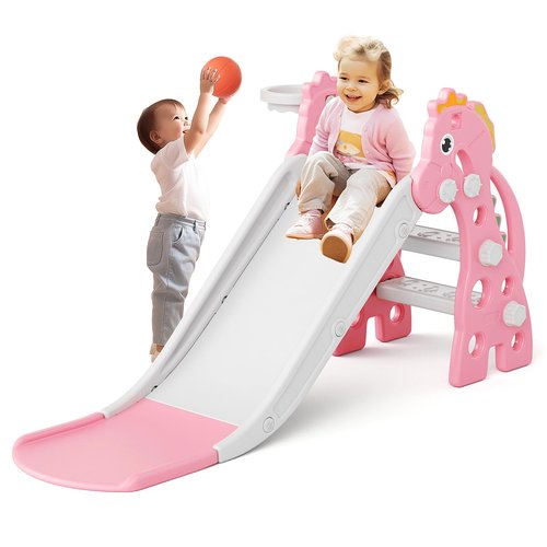 67i Toddler Slide for Indoor & Outdoor Play with Basketball Hoop, Anti-Slip Steps, 46.8in Baby Climber (Pink)