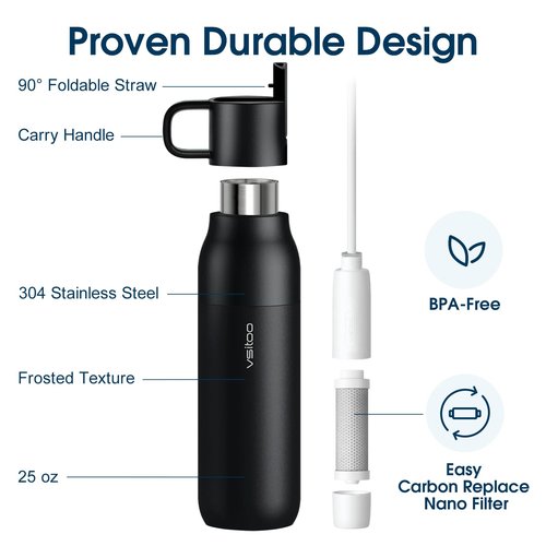 VSITOO 25 oz Water Purifier Bottle–Stainless Steel, Carbon Fiber Filter, Double-Wall Insulated, BPA-Free, Ideal for Hiking, Cycling, Gym & Outdoor Use–Life Straw Compatible, Black