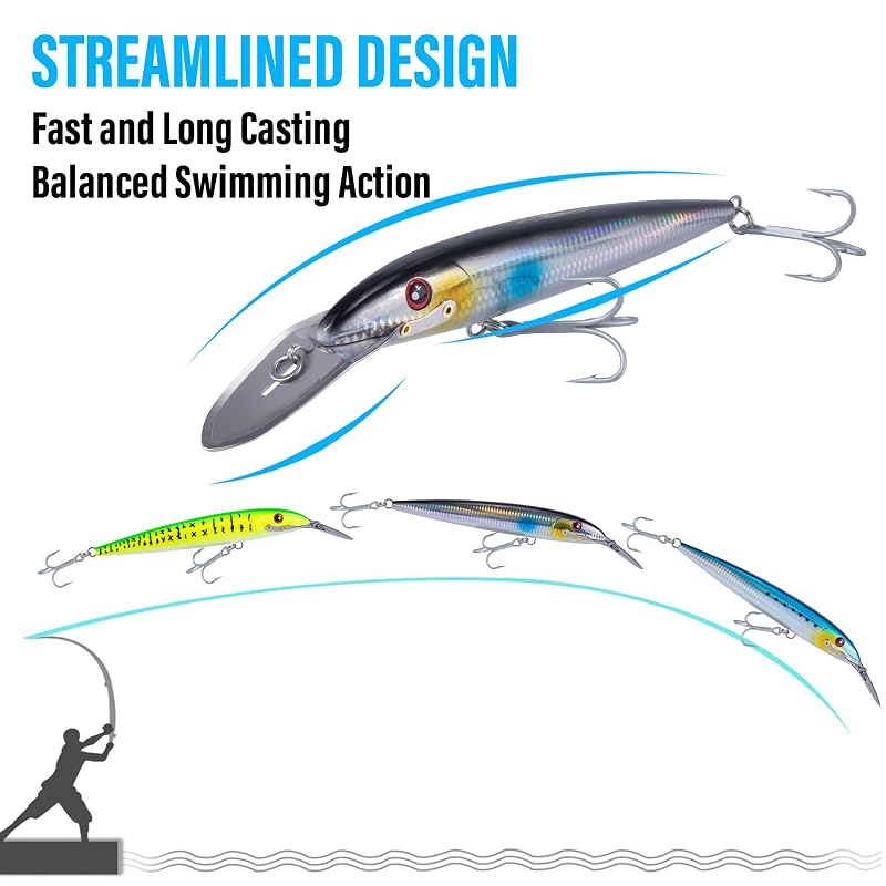 Dr.Fish 7.5in Deep Diving Saltwater Lure with VMC Treble Hooks - 13-20ft Depth, Silver Black - 1 Pack