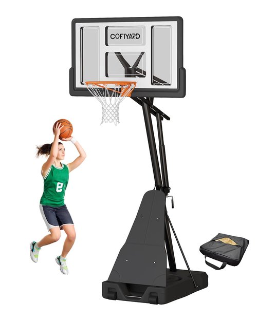 Cofiyard Basketball Hoop Outdoor with 44 Inch Shatterproof Backboard, 5.25-10FT Height Adjustable Basketball Hoop Goal System with Portable Wheels for Youth and Adults