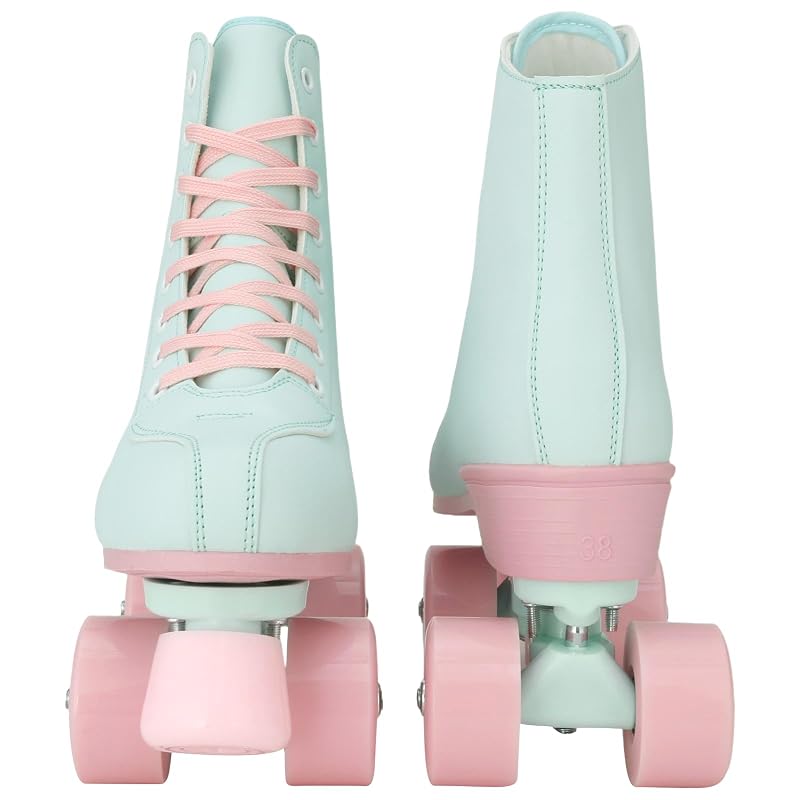 XUDREZ Light Green PU Roller Skates for Girls & Women, Pink Light-Up Wheels, Age 6-12, 37-US
