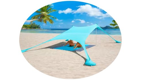 Oasis Cove Beach Tent Sun Shelter, 10 x 10 FT Beach Canopy Tent Sun Shade with 4 Sandbags, 2 Poles,Elastic Cords, Sand Shovel + 4 Ground Pegs UPF50+ Beach Shade Canopy for Outdoor Camping, Fishing
