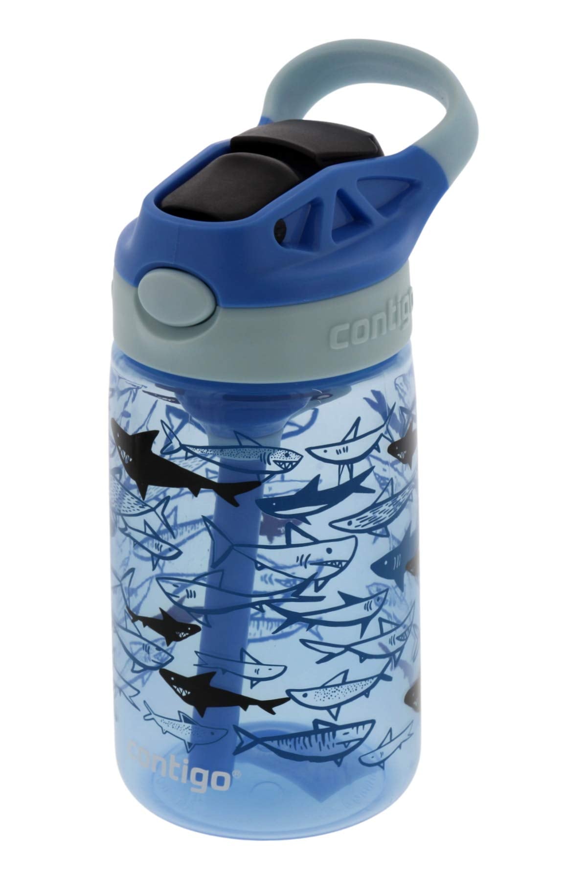 Contigo Aubrey Kids Cleanable Water Bottle with Silicone Straw and Spill-Proof Lid, Dishwasher Safe, 14oz, Blue Sharks