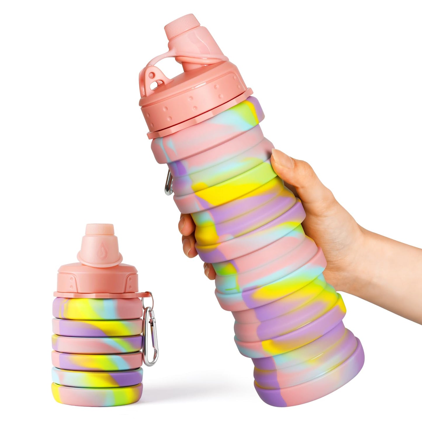 MAKERSLAND Collapsible Water Bottles for Travel, Foldable Sports Water Bottle for Kids, Reusable Water-proof Silicone Water Bottles with mountaineering Buckle for Camping Hiking Holiday