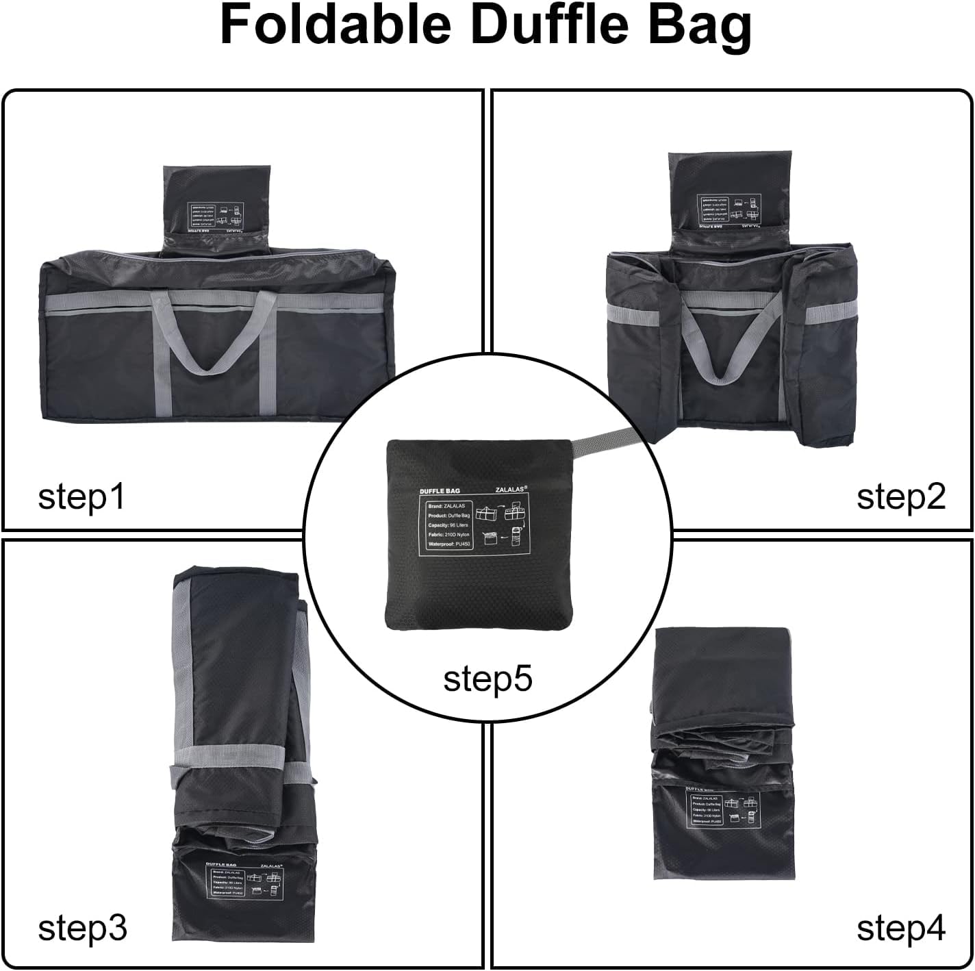 ZALALAS Foldable Duffle Bag, 96L Extra Large Travel Duffel bag Lightweight Weekender Bag for Men Women Water-proof & Tear Resistant,Black