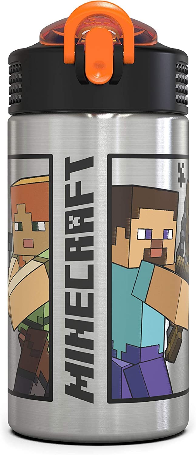 Zak Designs - MICI-V151 Zak Designs 27oz Minecraft 18/8 Stainless Steel Water Bottle with Flip-up Straw Spout and Locking Spout Cover, Durable Cup for Sports or Travel (27oz, Minecraft Creeper)