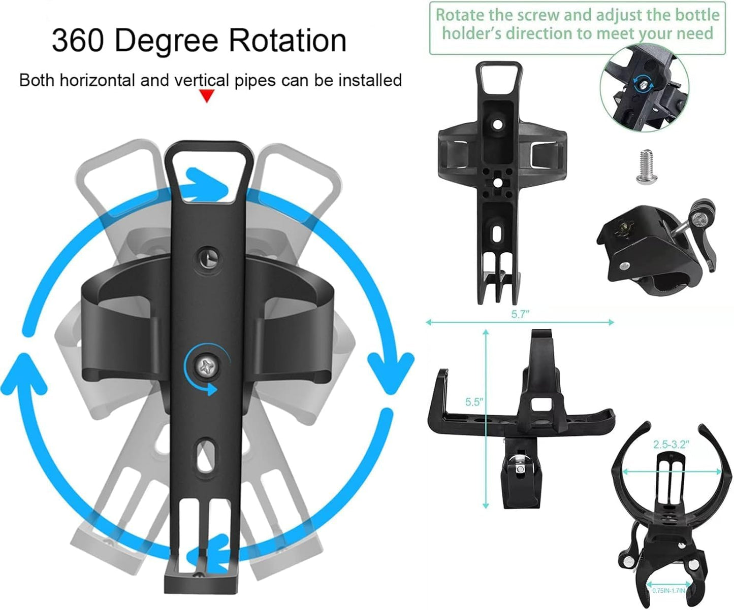 2 Pack Bike Bottle Holder, Universal Bicycle Water Bottle Cage Holder, Water Cup Holder for Bike Stroller Walker Adjustable Mountain Bike Drink Cup with 360 Degree Rotating for Cycling MTB Black+white