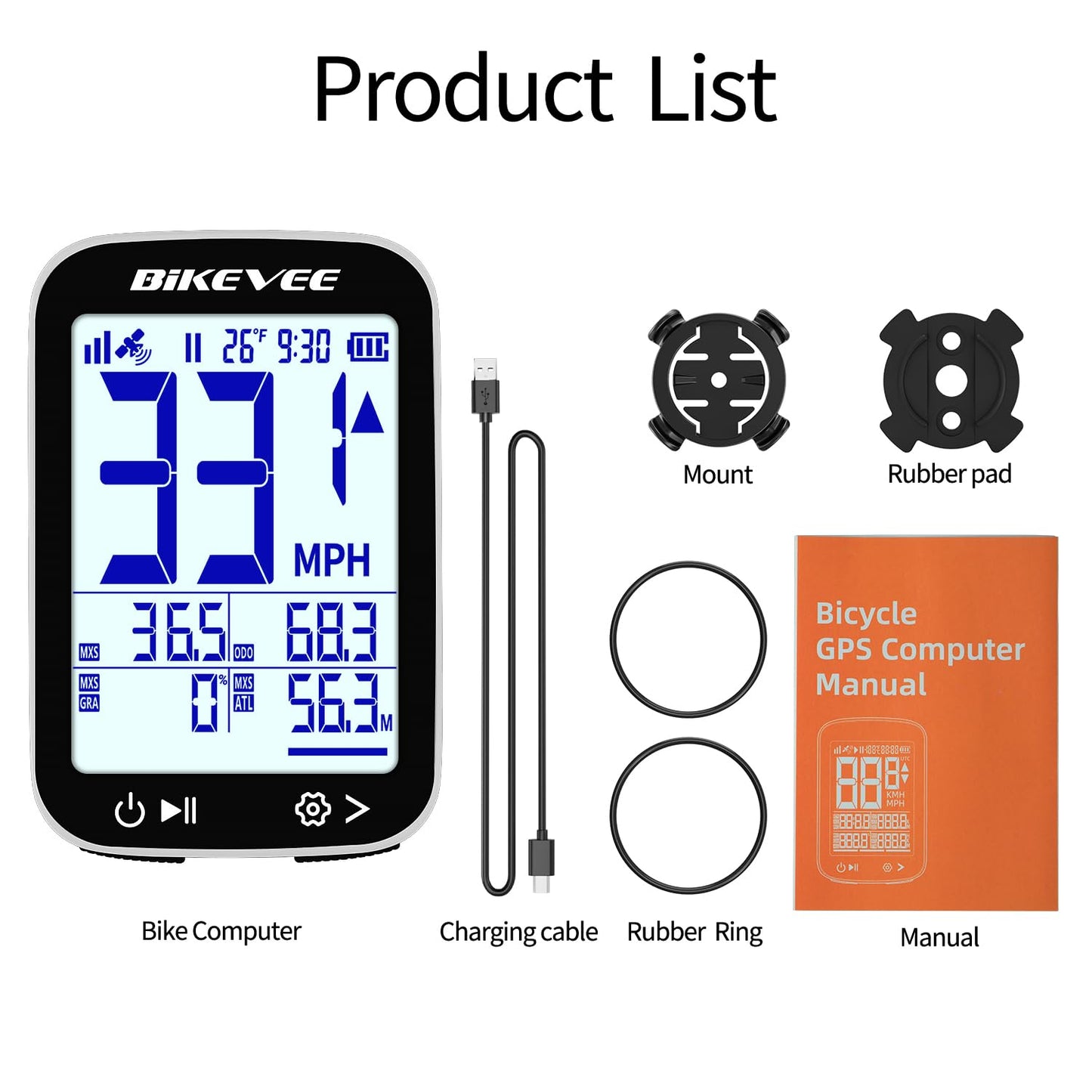 Bikevee GPS Bike Computer Wireless Cycling Computer with Auto Backlight, Bicycle Speedometer Odometer, Waterproof GPS Speed Tracker for Road Mountain Bikes - White