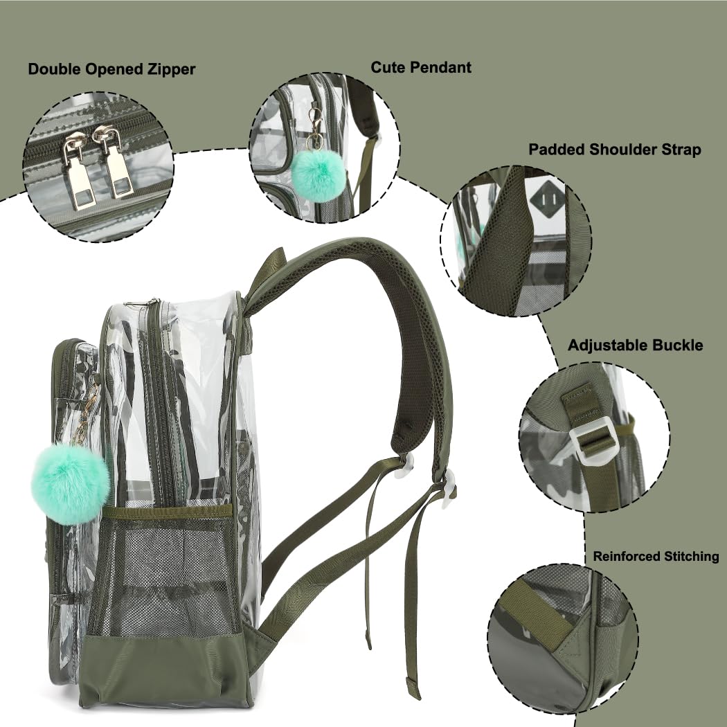 Heavy Duty Clear Backpack for Girls Boys Transparent School Bookbag Kids Durable PVC See Through Backpack-Army Green