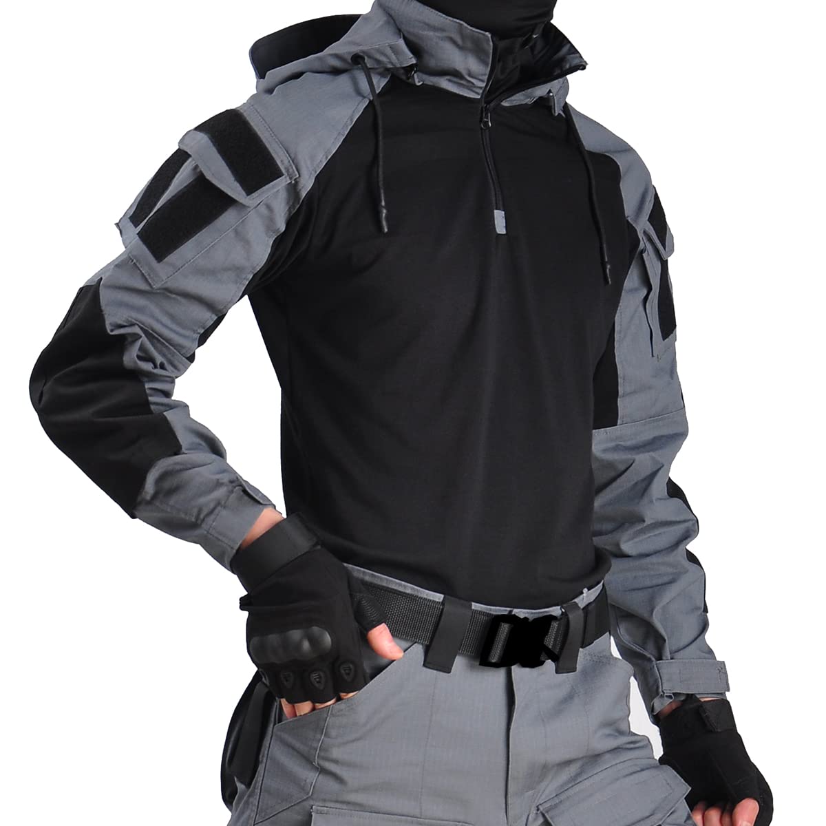 HAN·WILD Men's Tactical Shirt 1/4 Zip Long Sleeve Combat Airsoft Shirts with Elbow Pads Military T-Shirt with Hood