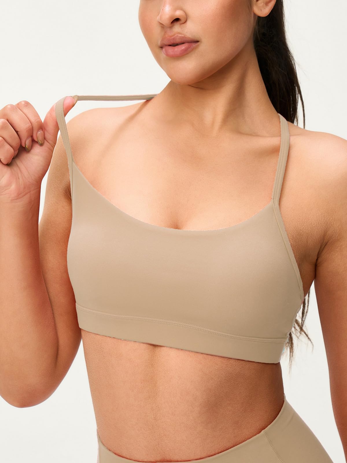 Omwilddo Womens Y Back Padded Sports Bra Strappy U Neck Butter Soft Low Impact Workout Bras Yoga Pilates Walking Greige M