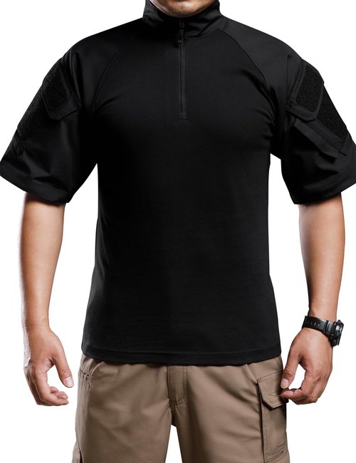 Vzteek Men's Combat Tactical Shirt Military-Airsoft-Paintball-Camping Gear Army Security Clothes with 2 Pockets(BK T-Shirt/2 Pockets,L)