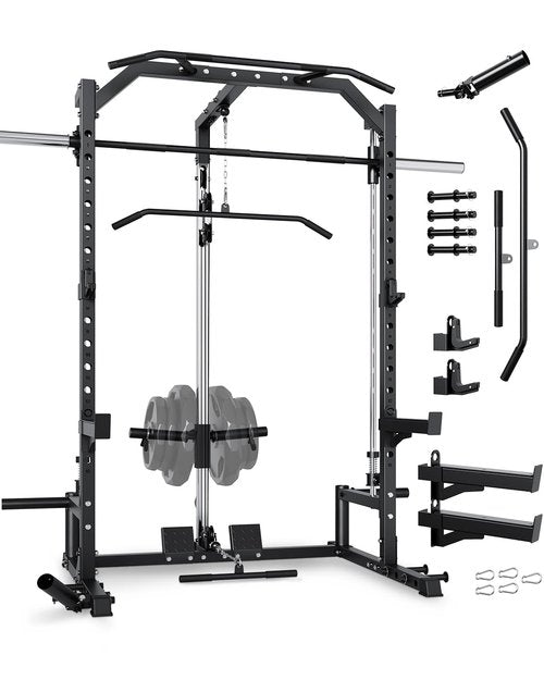 Smith Machine with LAT Pulldown Machine, Multi-Functional Power Cage with Full Body Training Attachments, Heavy Duty Squat Rack for Home Gym Strength Training