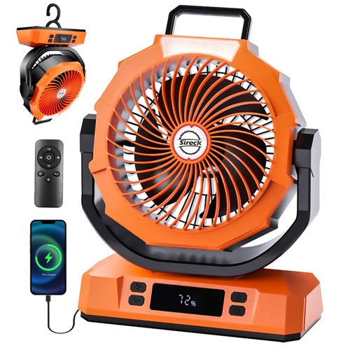 Sireck Camping Fan Rechargeable Portable Fan, 40000mAh Battery Powered Fan with LED Light, 6 Wind Speeds Cordless USB Desk Fan for Tent, Travel (Orange)