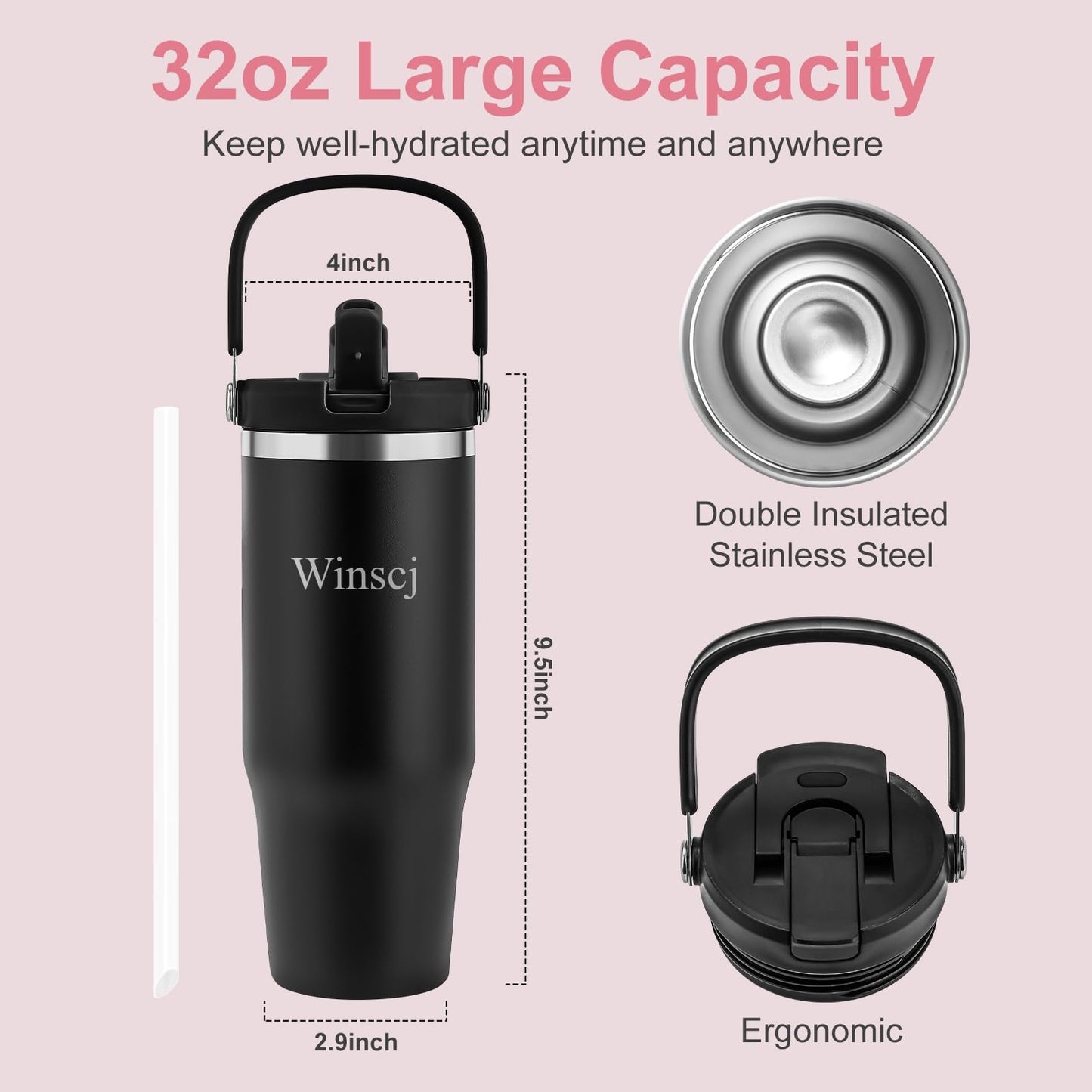 Winscj 32 oz Tumbler with Handle and Flip Straw,Keep Cold or Hot,Fits in Cup Holder,Reusable Leak Proof Stainless Steel Vacuum Water Bottle,Suitable for Home Gym Trave, Easy to Carry(Purple)