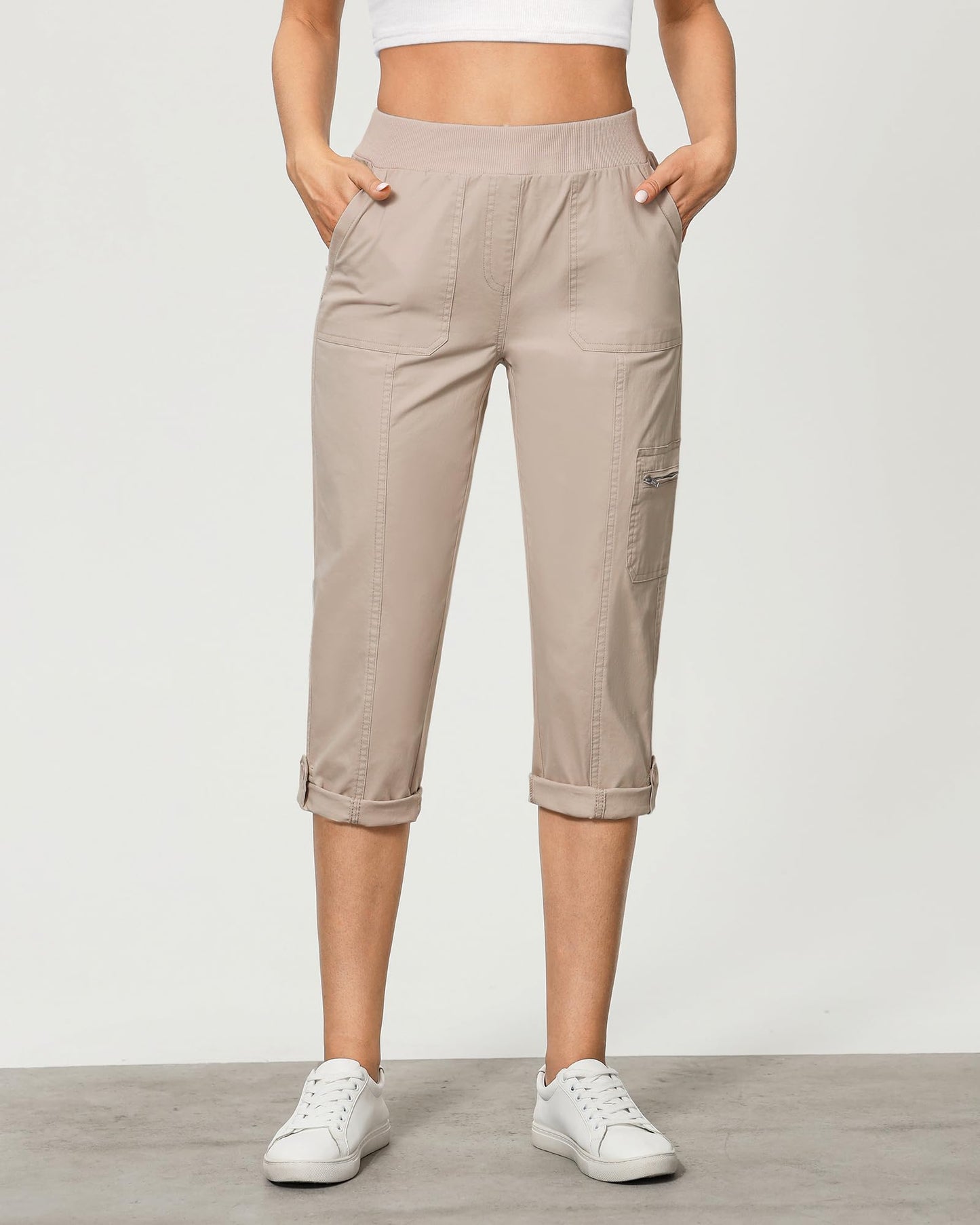 GRAPENT High Waisted Cargo Pants Women's Cargo Pants Capris with Pockets for Women Womens Trousers Cropped Cargo Pants Women Stretchy with Zipped Pockets Color Light Taupe X-Large Size 16 to 18