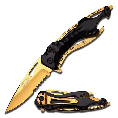 MTECH USA Folding Knife, 3.75-Inch Half-Serrated Blade, Titanium Coating, Glass Breaker, Pocket Clip (Black Gold)
