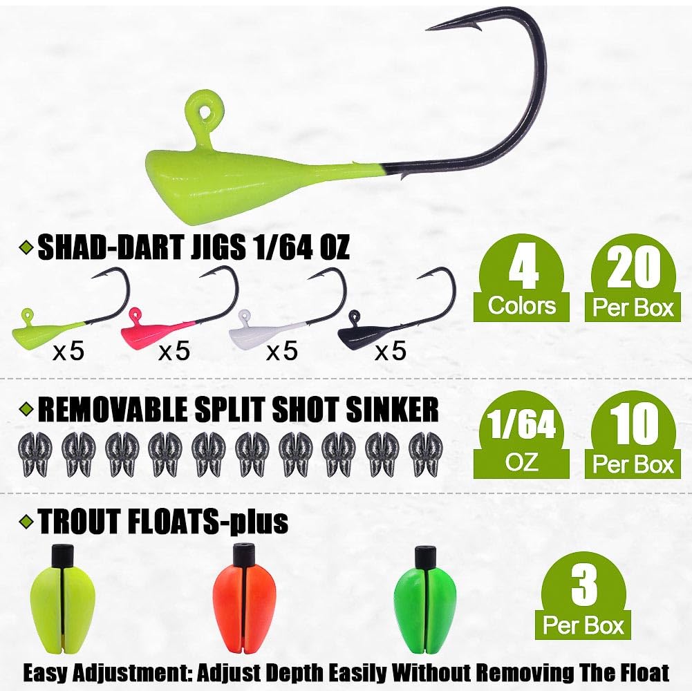 XFISHMAN-Trout-Fishing-Lure-Kit 165-Piece Creek & River Fishing Set with Split Tail Grub Worms, Shad Dart Jig Heads, Floats & Sinkers Ideal for Seasonal Trout Crappie Panfish