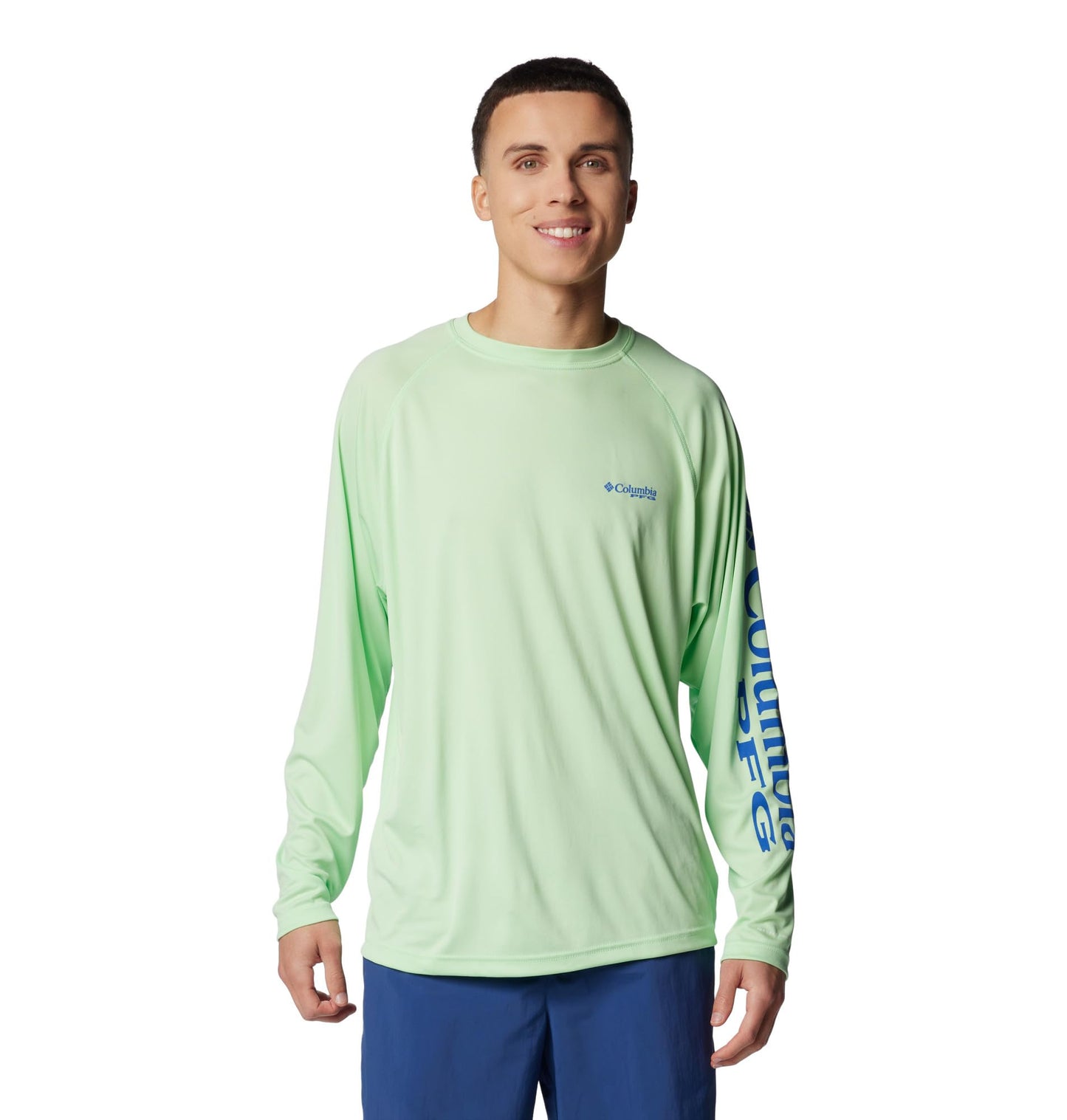 Columbia Men's PFG Terminal Tackle Long Sleeve Fishing Shirt, Key West/Vivid Blue Logo, Large Tall