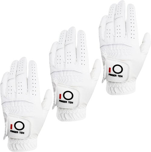 FINGER TEN All Weather Grip Golf Gloves Men Value 3 Pack for Right Handed Golfer, Comfort Soft Glove for Premium Performance, Colors White Black Blue Sizes S M L XL (White, X-Large, Left)