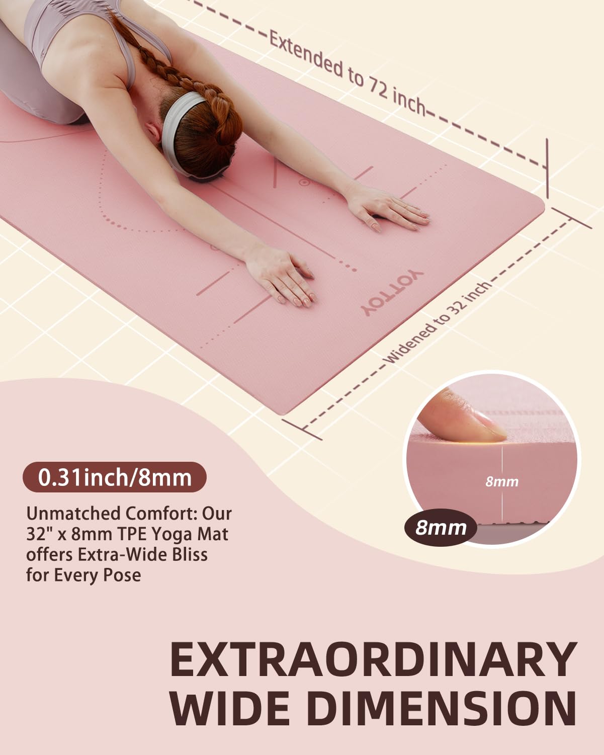 Thick Yoga Mat, YOTTOY Large 72"x 32"x1/3" Widen Professional Non-Slip Alignment Marks Yoga Mats,Eco-Friendly TPE Odorless Mats for Women Men Home Workout with Strap Bag (Blue)