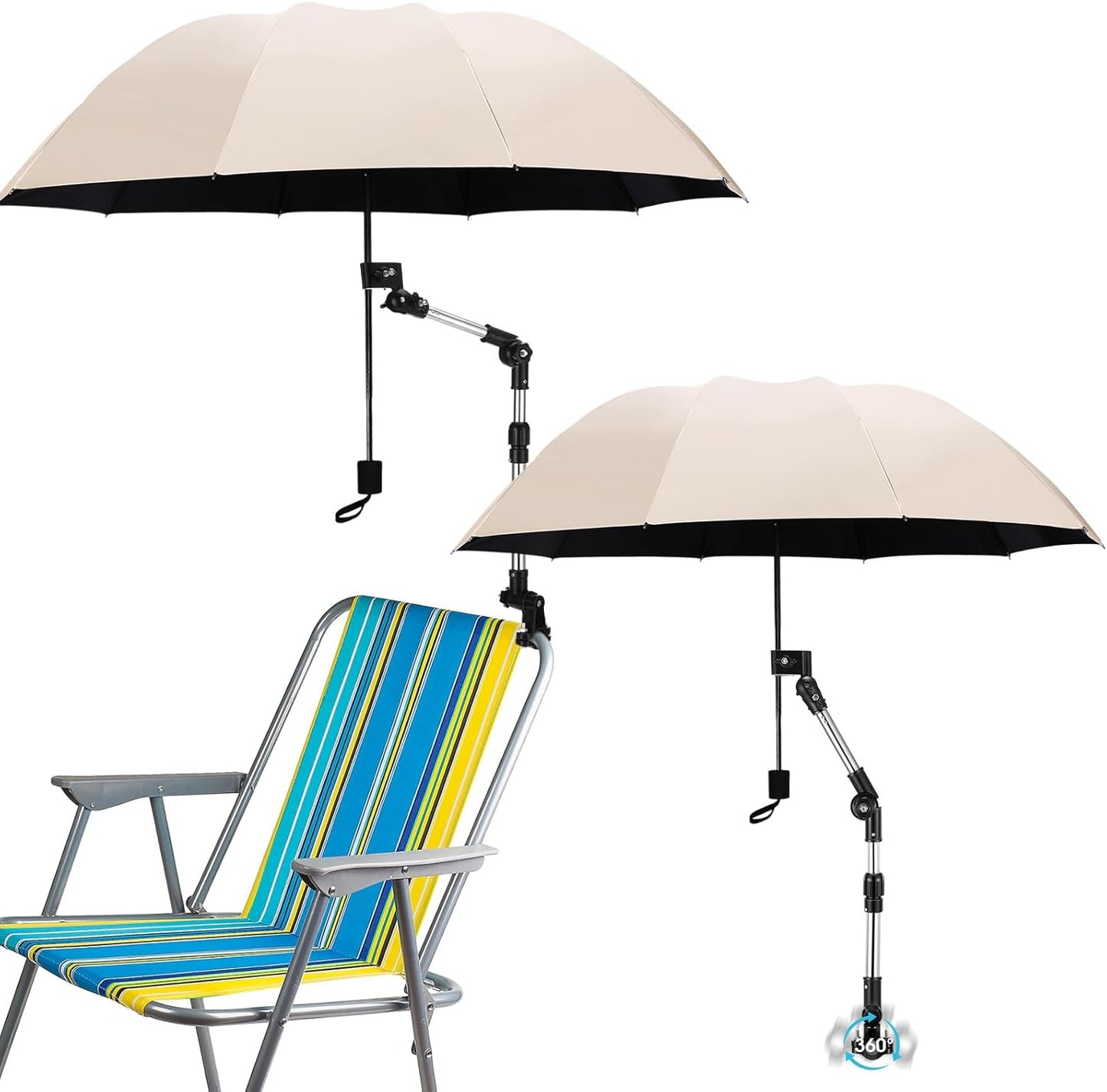 2 Pcs Beach Chair Umbrella with Clamp 49.2" 360° Adjustable Golf Umbrella with Clip and Retractable Stand Sun Shade for Camping Outdoor Travel Patio Wheelchair Golf Cart Stroller