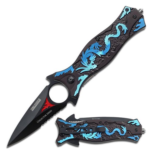 Tac-Force- Folding Pocket Knife – Black Partially Serrated Blade, Black Aluminum Handle w/Blue Dragon Design, Glass Punch and Pocket Clip, Tactical, EDC, Rescue - TF-707BL