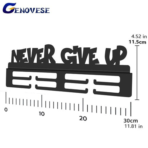 GENOVESE Medal Holder Display Hanger Rack,Black Never Give Up,Sturdy Steel Metal,Wall Mounted Race Medals-30cm