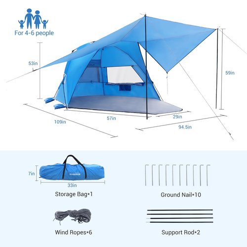 Elegear Beach Tent with 360° Removable Canopy, 4-6 Person Pop Up Sun Shade Shelter, UPF 50+ Automated Installation Double Silver Coating Portable Lightweight Beach Cabana for Beach/Camping/Outdoor