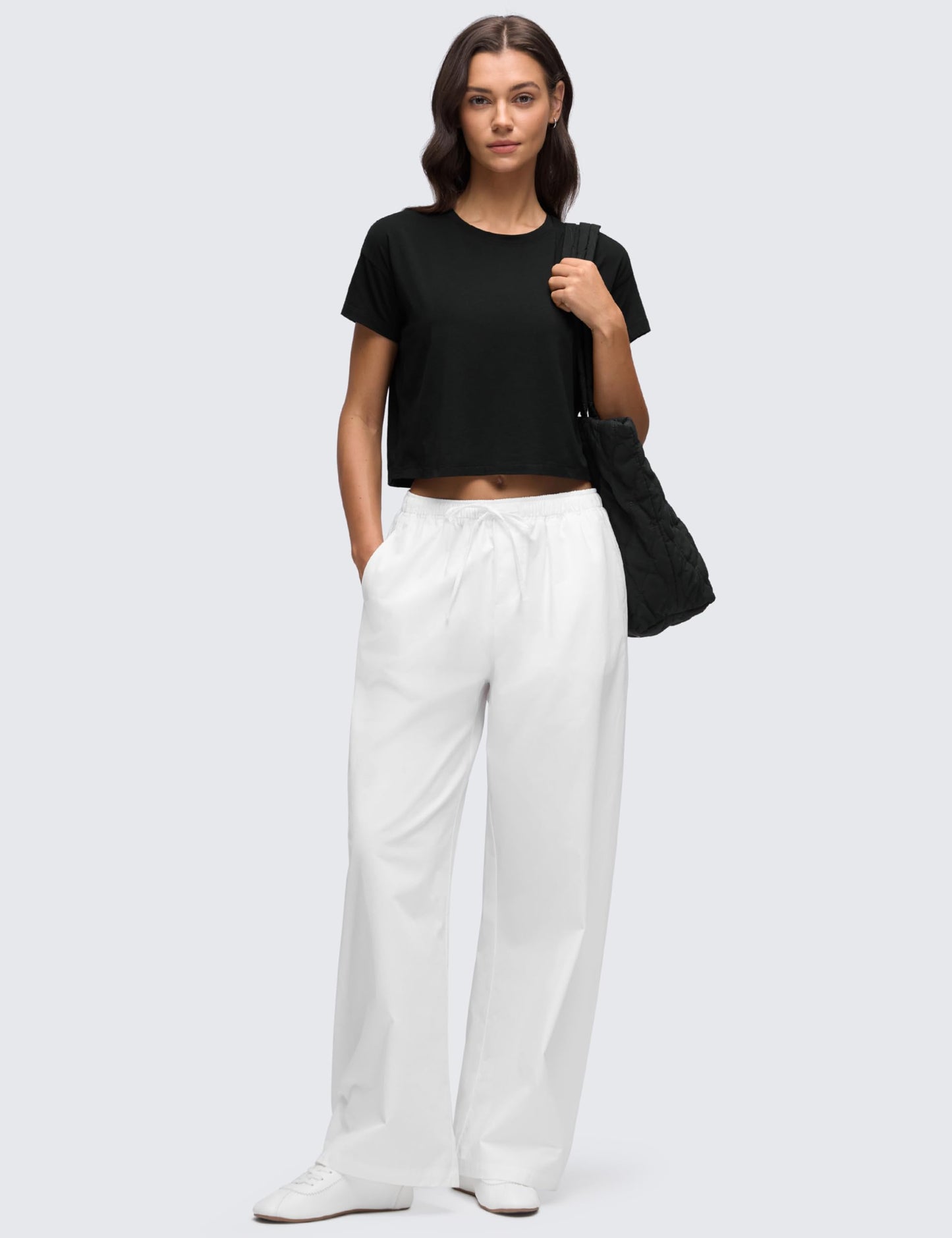 CRZ YOGA Pima Cotton Relaxed Crop T-Shirts for Women - Workout Athletic Gym Casual Short Sleeve Shirts Loose Crewneck Tops Black Medium