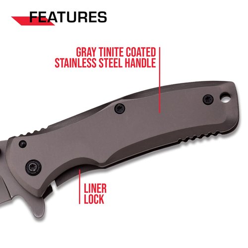 Tac-Force Folding Pocket Knife –Grey TiNite Coated Stainless Steel Blade and Handle, Frame Lock and Pocket Clip, Tactical, EDC, Rescue - TF-848