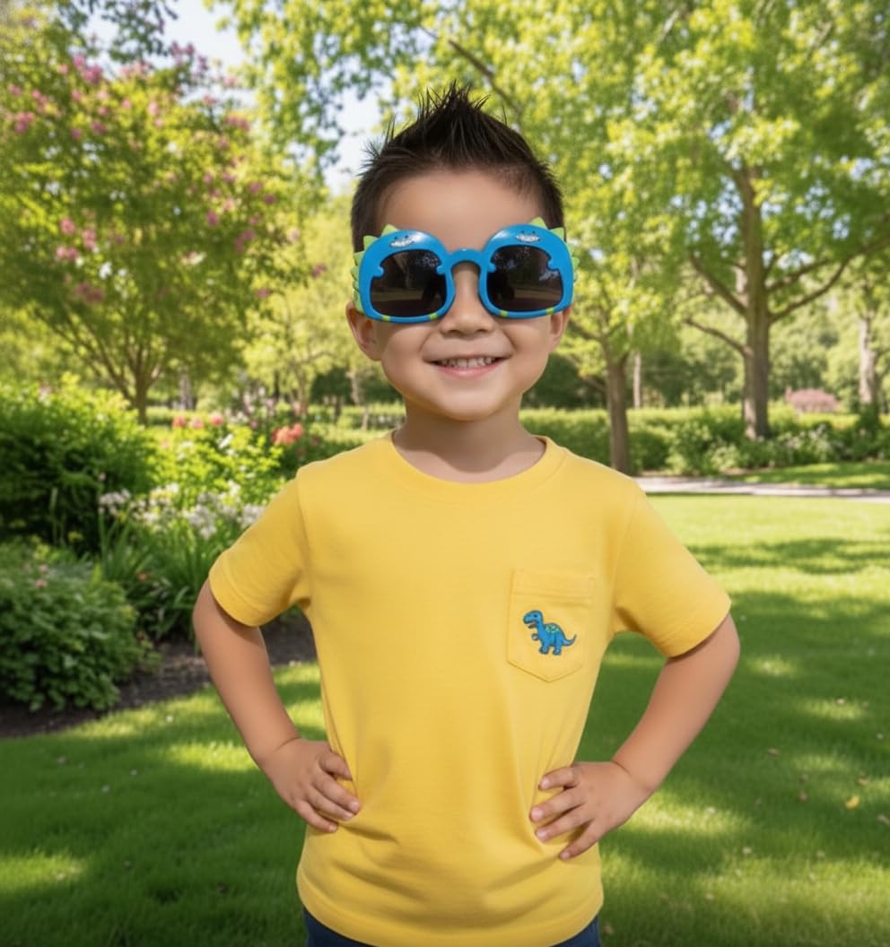 EYEGLASSTOR Dinosaur Cartoon Toddler Sunglasses for Kids Aged 2-6, Blue & Yellow Dark Lenses, UV400 Protection, Secure Fit for Outdoor Play