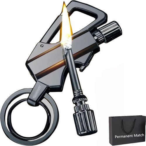 Permanent Match Infinity Lighter, Metal Forever Match Keychain Lighter, Flint Matchstick Fire Starter for Outdoor Camping (Black)