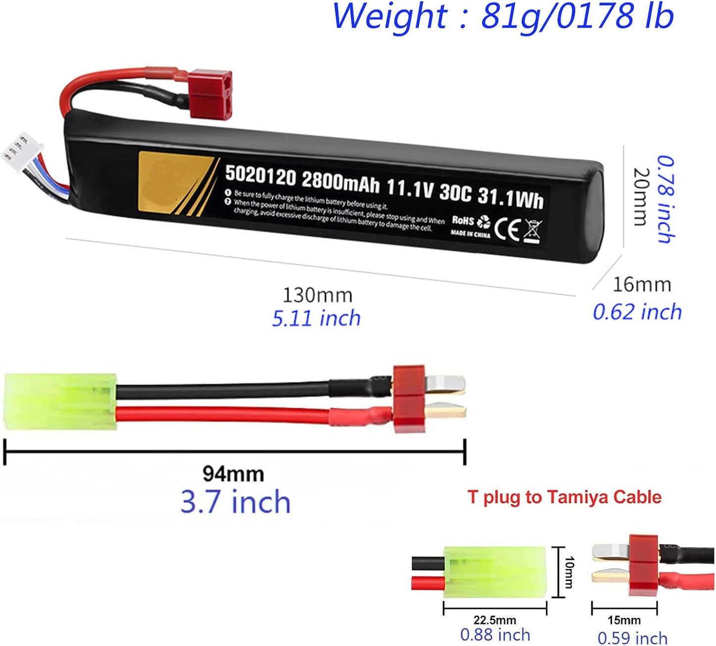 11.1V airsoft batteries 30C 2800mAh lipo battery airsoft T Plug with USB Charger T Plug to Mini Tamiya Cable Rechargeable Batteries for Airsoft gun Model splatrball gel blaster accessories-2pcs