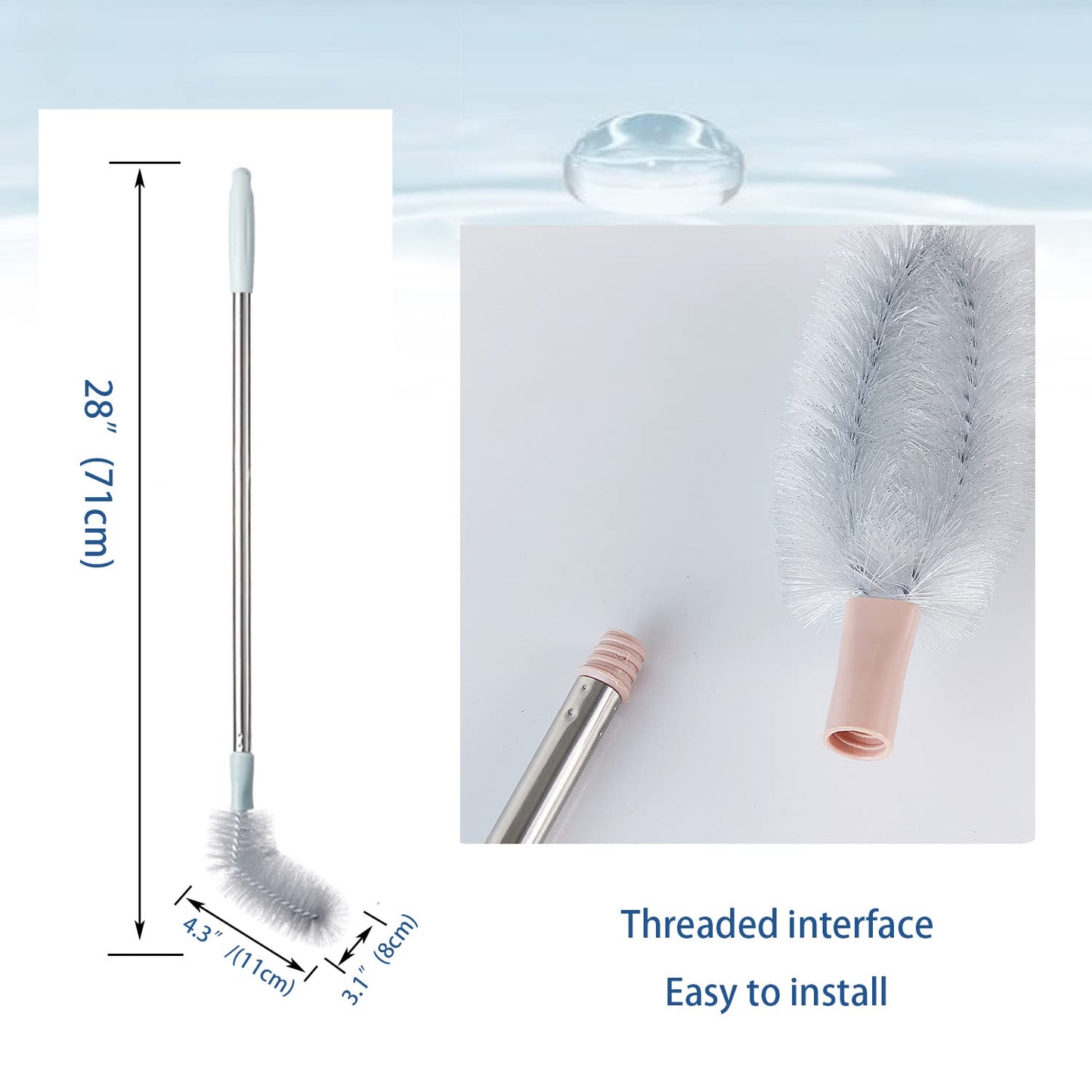 2 Pack 28" Long Bottle Brush, 3 & 5 Gallon Bottle Cleaner Brush, Nylon Bristles and Stainless Steel Handle Bendable Replaceable Brush Head Bottle Cleaning Brush