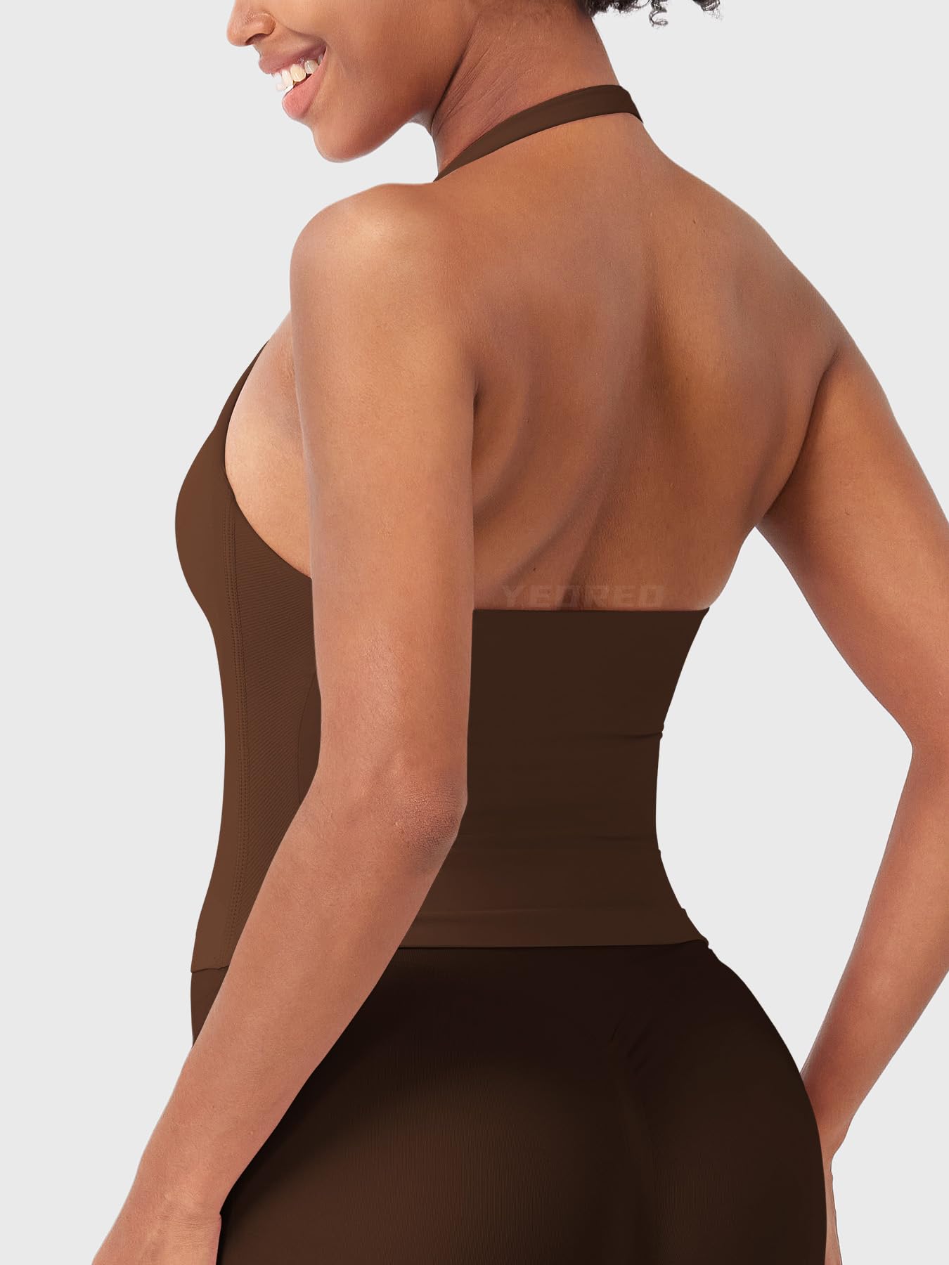 YEOREO SoftHue Women's Impact Halter Tank Top Longline Backless Scoop Neck Built-in Bra Sports Workout Gym Crop Top Deep Brown L