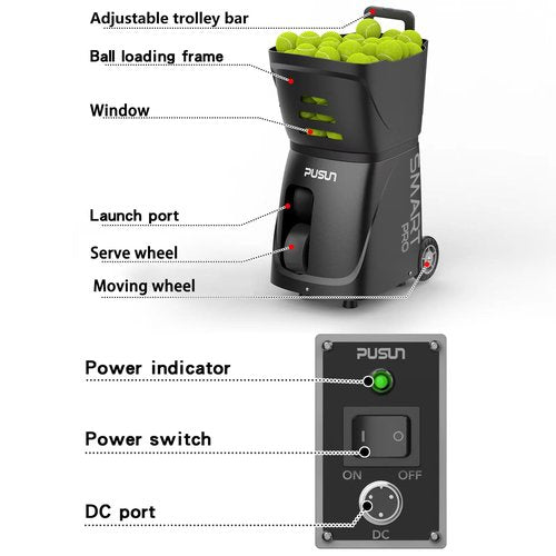 PUSUN PT-SMARTPro Tennis Ball Machine - Professional Auto Ball Server with APP Control, 20 Landing Points & Variable Speed, Smart Tennis Trainer with Multi-Angle System (4-6H Runtime) (Black)