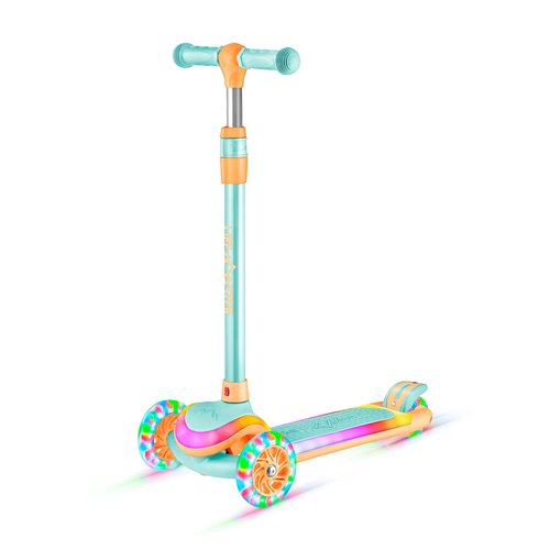 Lifemaster 3-Wheel Kids Scooter with Multi-Color Lights on Deck & Wheels – 5-Height Handlebar, Wide Anti-Slip Deck, Child Safety Certified, Boys & Girls Ages 3+ Supports Up to 150 lbs, Aqua Orange