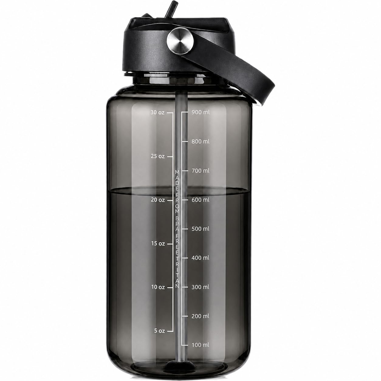 OLDLEY 32oz Water Bottle with Straw, Leakproof Tritan Clear Bottle with Marked Bottle and Carry Handle, BPA-Free Wide Mouth Reusable Sports Bottle for Gym,Hiking, Camping,Travel, Workout,Black