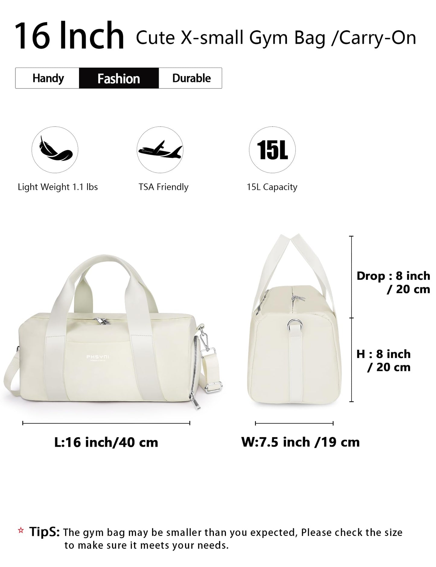 Sports Small Gym Bag for Women, Cute Mini Duffle Bag with Wet Pocket & Shoes Compartment, Personal Item Travel Workout Bag, 16"-Small, Beige