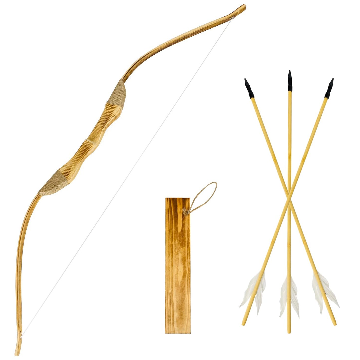 Basbon Youth Wooden Bow and Arrow Set, 40 Inch Handmade Wooden Bow and Arrow Cosplay Costume Prop Archery Set Games Toys, 1 Bows 1 Quivers and 3 Feather Arrows, Gifts for Kids Youth Boys and Girl