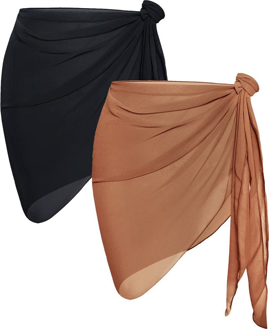 2 Pieces Sarong Cover Ups for Women Beach Bathing Suit Wrap Sheer Short Skirt Bikini Chiffon Scarf for Swimwear (Black,Brown)